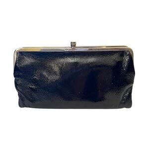 HOBO Lauren Black Crinkle Patent Leather Double-Frame Wallet Clutch Purse